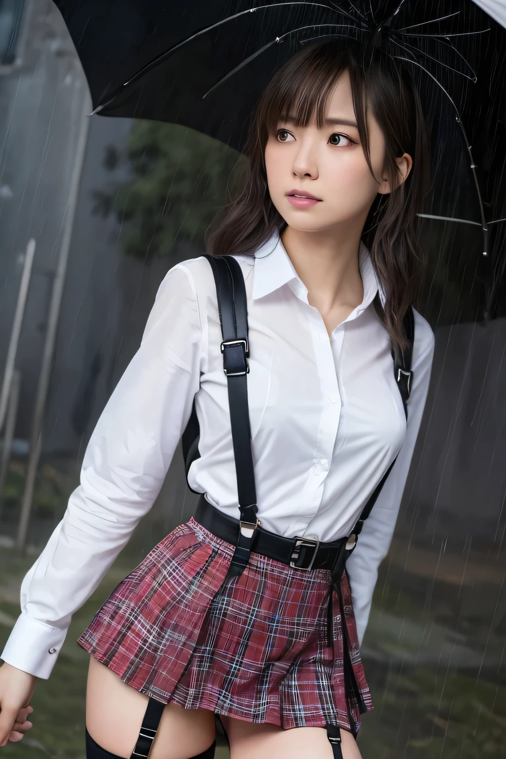 1 female, , high quality, masterpiece, Ultra-high resolution, Cinema Lighting, 1 female, , high quality, masterpiece, Ultra-high resolution, , Cinema Lighting, suspenders Moderate breasts Small face Looking up Sweat Thin belt buzzer 脇Sweat Garter belt Belt on pants holster Hands behind your back Looking up Anxious face Knee-high Knee socks Knee-highソックス garter ふとももにGarter belt Checkered mini skirt Panty shot Skirt gap Armament holster holster Hands behind your back Anxious expression Anxious face, legs apart Armament Leg holster holster See-through clothing heavy rain Rain-soaked dress shirt,