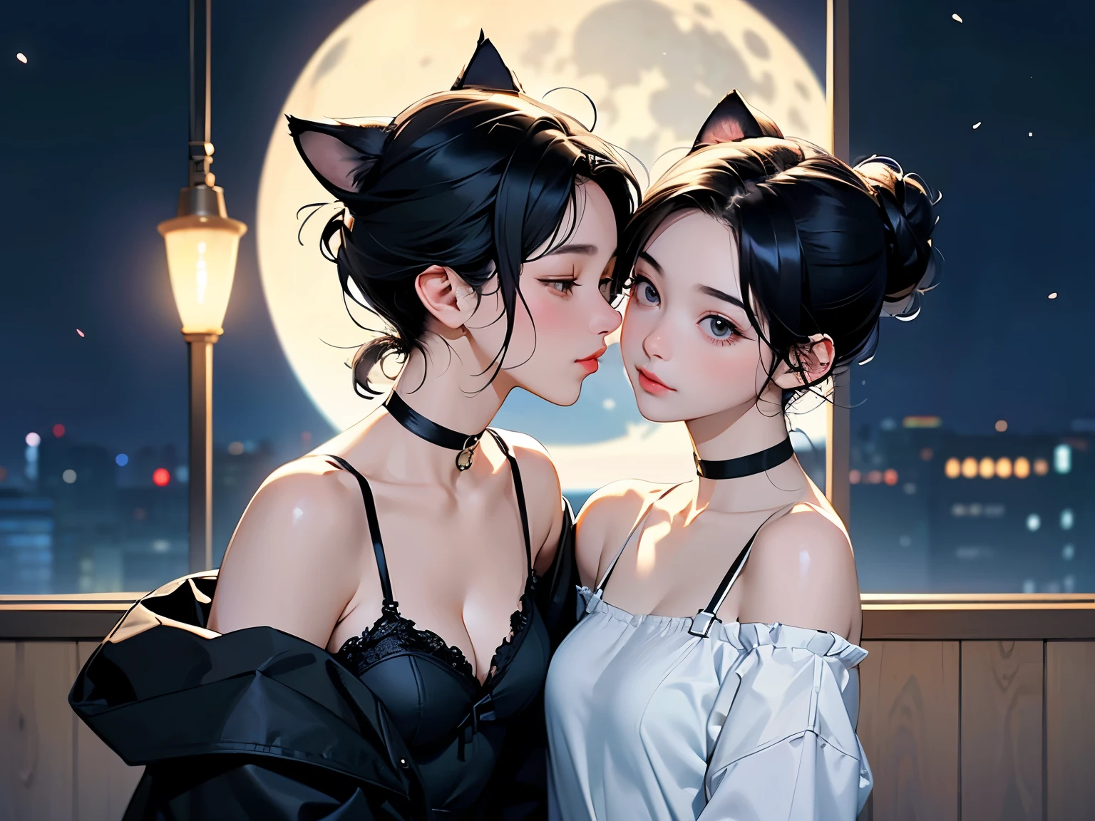 (Highest quality, masterpiece, High resolution)、4K Anime Art、(Two Girls)、whole body、(Kissing each other)、 (Detailed depiction of a cute face)、Black Hair、short hair、semi-long、Bobcut、Hair Bun、hair ornaments、(Cat ear)、Black Cat Costume、White Cat Costume、choker、(lingerie)、Off the shoulder、sexy mini dress、Captivating smile、Small breasts、Soft Focus、Cinematic Light、Soft Light、(indoor、dim、lamp)、(Full moon in the night sky:1.2)、
