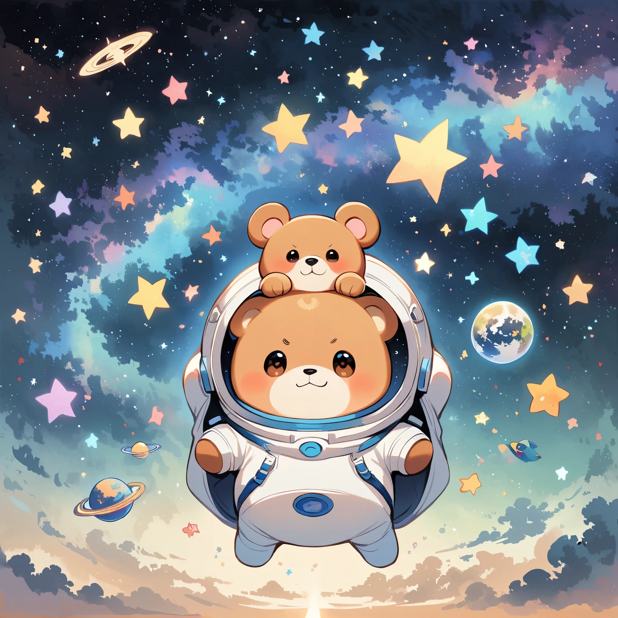 Bear in spacesuit floating in space, surrounded by the Milky Way, the universe , cutely. เล่น