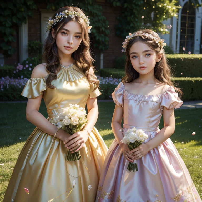 (masterpiece, best quality:1.5), highest quality, High resolution, super detailed, Realists, Upper body photo of a brunette flower girl, detailed and beautiful eyes, beautiful detailed lips, very detailed eyes and face, longeyelashes, Young girl in a short dress made of shiny satin fabric, Beautiful and colorful makeup, elegant and noble々Pose,shiny satin headband, grind, Holding flowers, Gardens as background, soft daylight, bright colors, fine brushstrokes, Portrait style, Noble details in the dress fabric, beautiful color palette, glowing skin, First-class rendering, that captures every detail, enchanting atmosphere, subtle shadows and lights, (perfect anatomy:1.2), (The two stunning flower girls scatter rose petals. (magnificent panorama view:1.2)