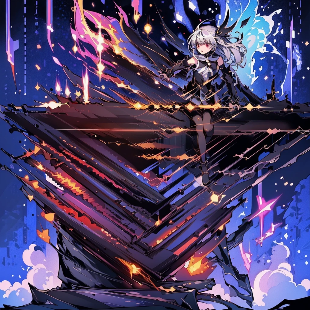1girl,(((Highest quality、Masterpiece、Official Art、Dynamic composition、Super detailed、Fine Lines、Perfect Anatomy)))、Silver Hair,  abyss, Big black wings, A jet black sword in one hand, Countless swords wrapped around his body, Sharp Eyes, Spread your arms, Blue Flame, In solitude