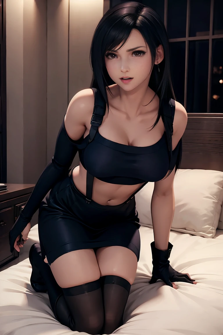 1girl, perfect face, ((absurd res)), tifa lockhart, navy sweater, off-shoulder sweater, black skirt,  thigh-highs, gloves, suspenders, red boots, full body, 