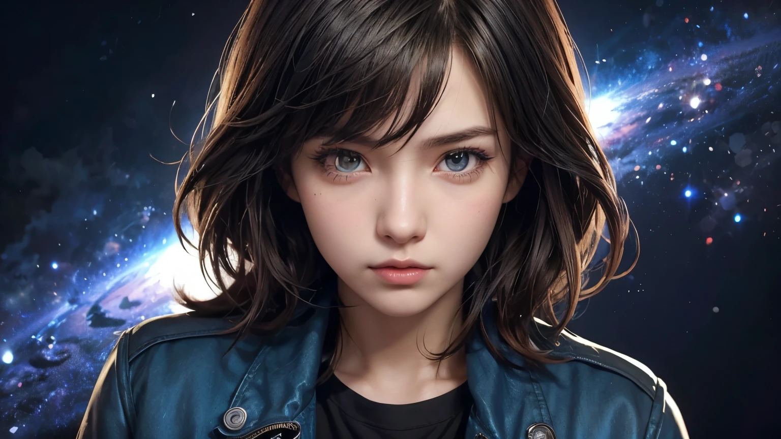 Anime girl in a blue jacket and black shirt looking at the camera, ArtJam. Attention to detail, ig model | ArtJam, Detailed digital anime art, Unreal 5. RPG Portrait, Realistic art style, Portrait Anime Astronaut Girl, Close-up character portraits, Lost draw 1. 0, Official Fan Art Behance HD, ArtJam portrait