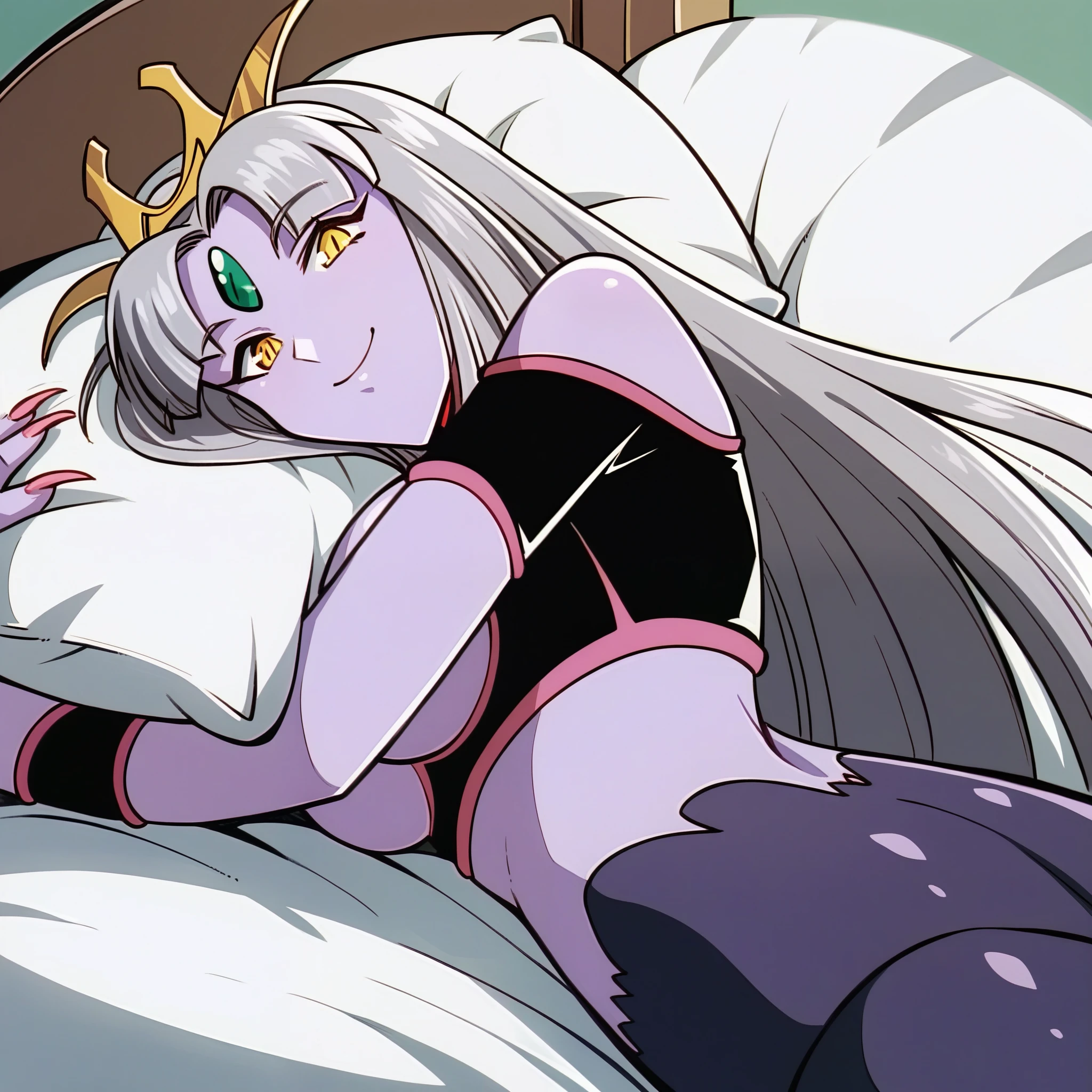 score_9,score_8_up,score_7, source anime, BREAK,1 girl, solo, snek_DP, lamia, yellow tiara, yellow eyes, very long hair, sidelocks, grey hair, black crop top, breastless clothes, detached sleeves, black sleeves, purple choker, gem, big breasts, purple skin, purple nipples, forehead jewel, purple snake tail, pink nails, sharp fingernails, detailled face, looking at the viewer, low angle, looking down, bedroom setting, laying on a bed, relaxing in a bed, sleeping, smiling, holding pillow, pillow, sleeping, close-up, side view,
