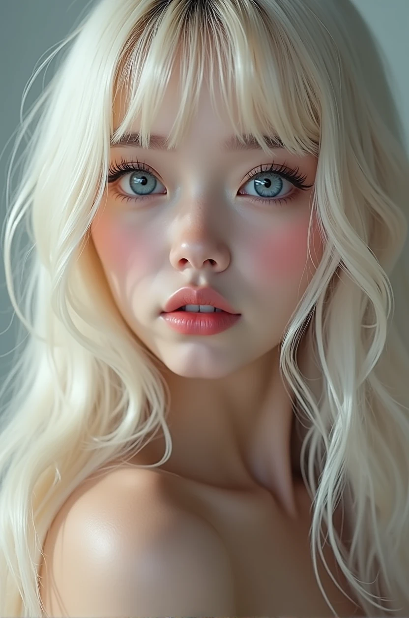 (a closeup:1.4)、(RAW shooting:1.2)、(Photorealsitic:1.4)、(masterpiece:1.3)、(top-quality:1.4)、bright expression、extremely beautyful girl、Extraordinary beautiful girl、Detailed cute and beautiful face、Beautiful bangs、Glowing white shiny skin、facial hairs、Bangs that extend to the face、Bangs between the eyes、Super long hair、Attractive light and dark platinum blonde super long straight silky hainer hair、Attractive glowing beautiful bright clear light blue big eyes、Luxurious dresses、Double eyelids、Lush bust、The upper part of the body、