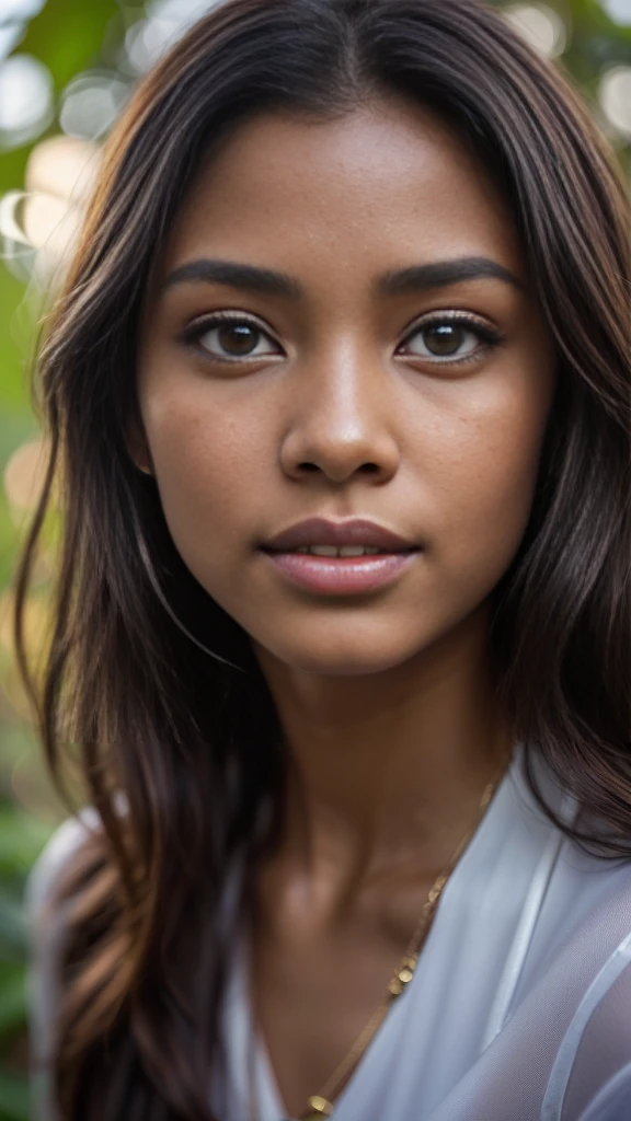 (portraite, editorial photography of a beautiful asian girl:1.1, 12 year old, adorable face, long and curly brown hair, hazel eyes, por Lee Jeffries, Nikon D850, film stock photography ,4 Kodak Portra 400 ,f1 camera.6 lenses ,rich colors ,hyperrealisti ,realistic texture, dramatic lighting, (high-detailed face:1.4), perfects eyes, realistic iris, perfekt teeth, (ssmile:0.7), (darkness background, shadow of the leaves, temperamental, neckleace), Sun rising, morning light, Wishing for something, work of art, best qualityer, photorrealistic, Citizen of Guinea-Bissau, very cute supermodel, Perfect Anatomia, skinny