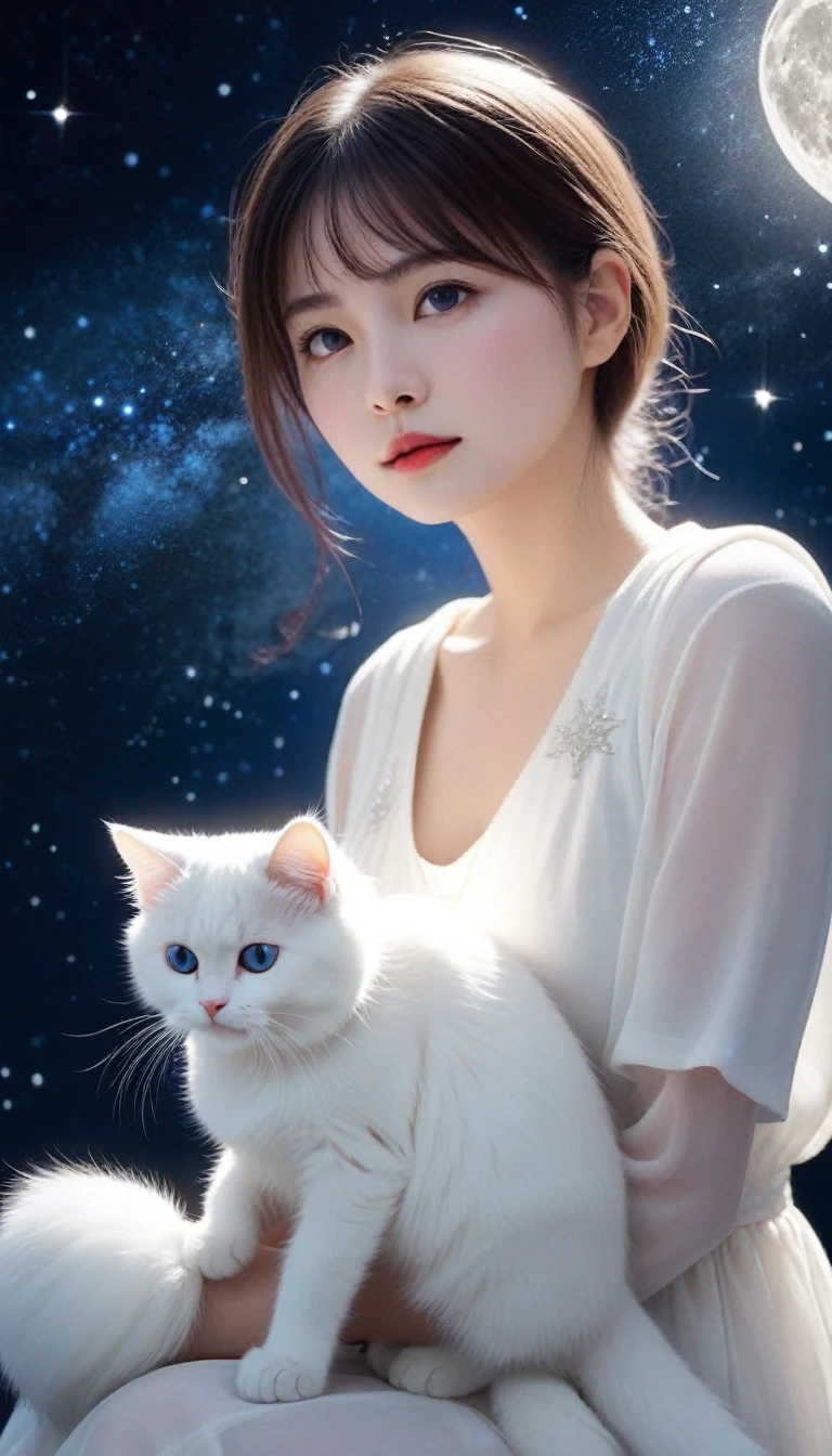 assistant to=graphic_art A beautiful white-furred, small white cat named Luna looking up at the night sky filled with stars, longing for the cosmos. [/assistant to=graphic_art]