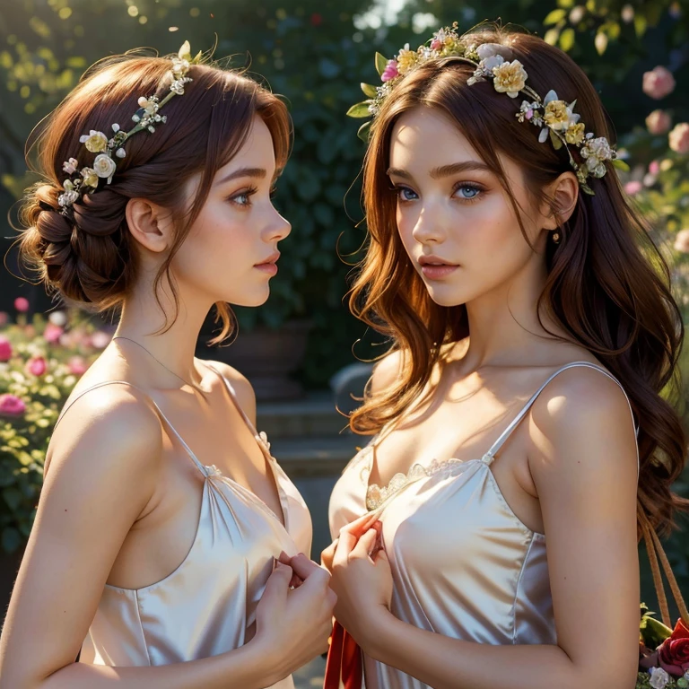 (masterpiece, best quality:1.5), highest quality, High resolution, super detailed, Realists, Upper body photo of a red-haired flower girl, detailed and beautiful eyes, beautiful detailed lips, very detailed eyes and face, longeyelashes, Young girl in a short dress made of shiny satin fabric, Beautiful and colorful makeup, elegant and noble々Pose,shiny satin headband, grind, Holding flowers, Gardens as background, soft daylight, bright colors, fine brushstrokes, Portrait style, Noble details in the dress fabric, beautiful color palette, glowing skin, First-class rendering, that captures every detail, enchanting atmosphere, subtle shadows and lights, (perfect anatomy:1.2), (The two stunning flower girls carry baskets of rose petals. (magnificent panorama view:1.2)