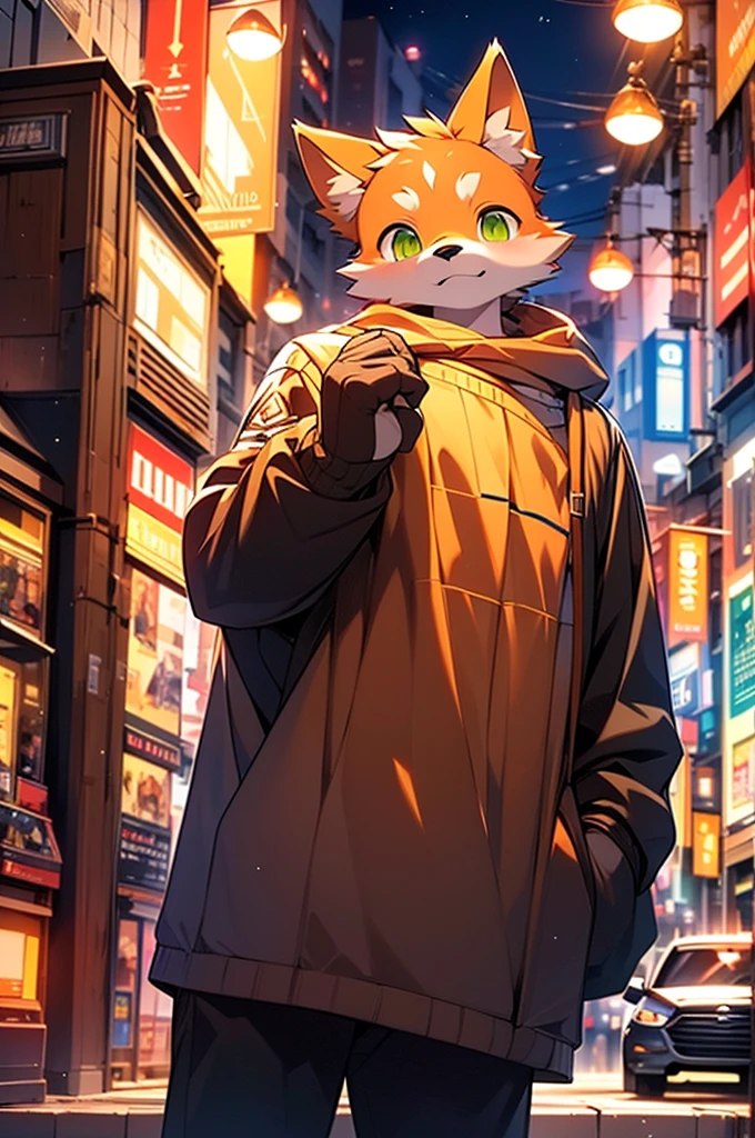 8k, Super Detail, precise, best quality，Seventeen--old  boy，orange hair，Green eyes，Wearing grey sweatshirt，Rich plush texture，Realistic style，Standing on a busy city street，night，Brightly lit，Detailed background