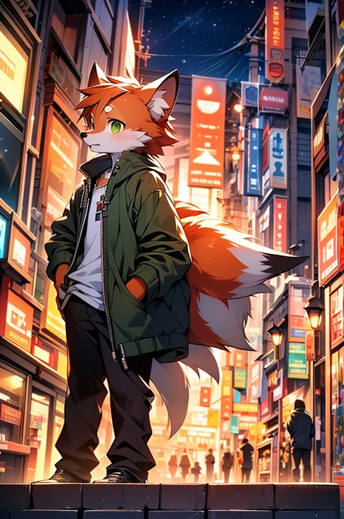 8k, Super Detail, precise, best quality,Seventeen-year-old fox boy,orange hair,Green eyes,Wearing grey sweatshirt,Rich plush texture,Realistic style,Standing on a busy city street,night,Brightly lit,Detailed background