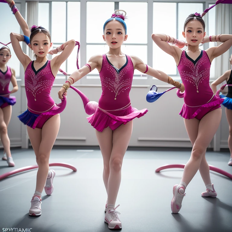 SFW,  ExtremelyDetailed (((Rhythmic Gymnastics Kids Team in a row:1.4))), Childish perfect face, Reflective Eyes, Detailed(Delicate Clothing textures), Corrected Leg to Foot Line, Corrected Perfect Hand, Dynamic Joyful Expressions LifeLike Rendering, ((Specular Reflection:1.11)), mirrors, TopQuality 8K Ultra-detailed masterpiece (ProfessionalPhoto:1.37)(Acutance:0.8),(Luminism:1.22),