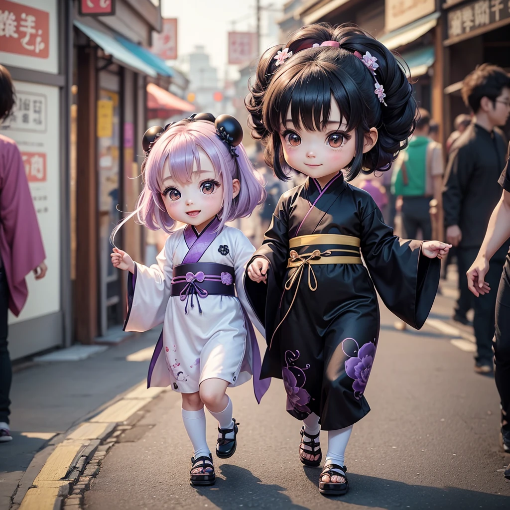 Cute  chibi anime, violet and black hanfu, walking in the market, smiling, many people