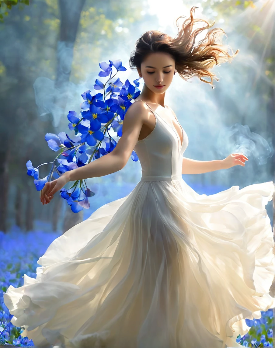  
full length, graceful figure, Beautiful legs, dance pose, brunette, Beautiful face,  light white tones, Esbian Full Body, White background, daylight, Efeito de Luz, minimalist, Solar, pure tenderness, soft lighting, Realism, woman, which (collarbone, shoulders) posing with his back (prays and stands) on a super-giant petal of a dark blue iris flower with double and long petals (petals made of thin, soft gauze cloth, full background of many flowing transparent blue petals, floating flower, in her hand there is a long stem above her head, huge giant blue iris flower, over her head,  Smoke effect, fog, mixed with blue iris petals), fluffy skirt made of blue iris flower petals,, ((ss-through)). ReV Animated