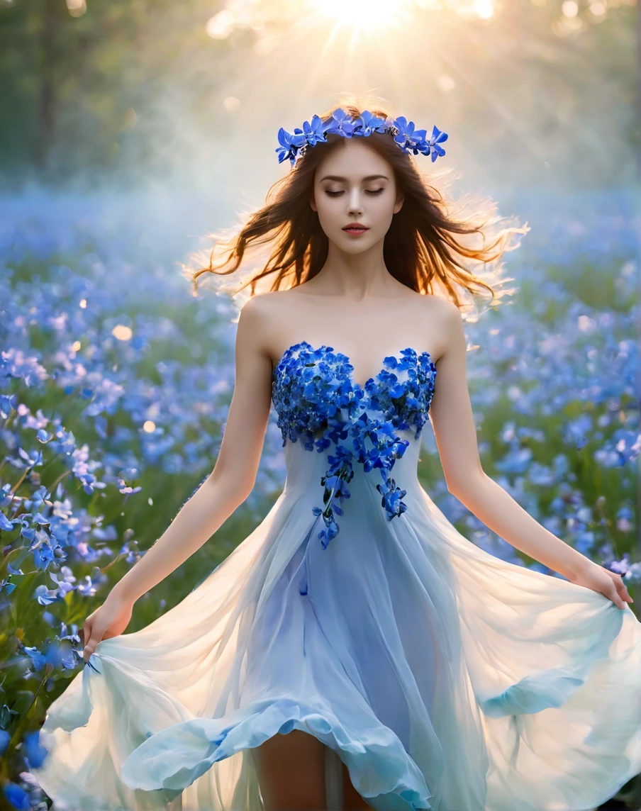  
full length, graceful figure, Beautiful legs, dance pose, brunette, Beautiful face,  light white tones, Esbian Full Body, White background, daylight, Efeito de Luz, minimalist, Solar, pure tenderness, soft lighting, Realism, woman, which (collarbone, shoulders) posing with his back (prays and stands) on a super-giant petal of a dark blue iris flower with double and long petals (petals made of thin, soft gauze cloth, full background of many flowing transparent blue petals, floating flower, in her hand there is a long stem above her head, huge giant blue iris flower, over her head,  Smoke effect, fog, mixed with blue iris petals), fluffy skirt made of blue iris flower petals,, ((ss-through)). ReV Animated