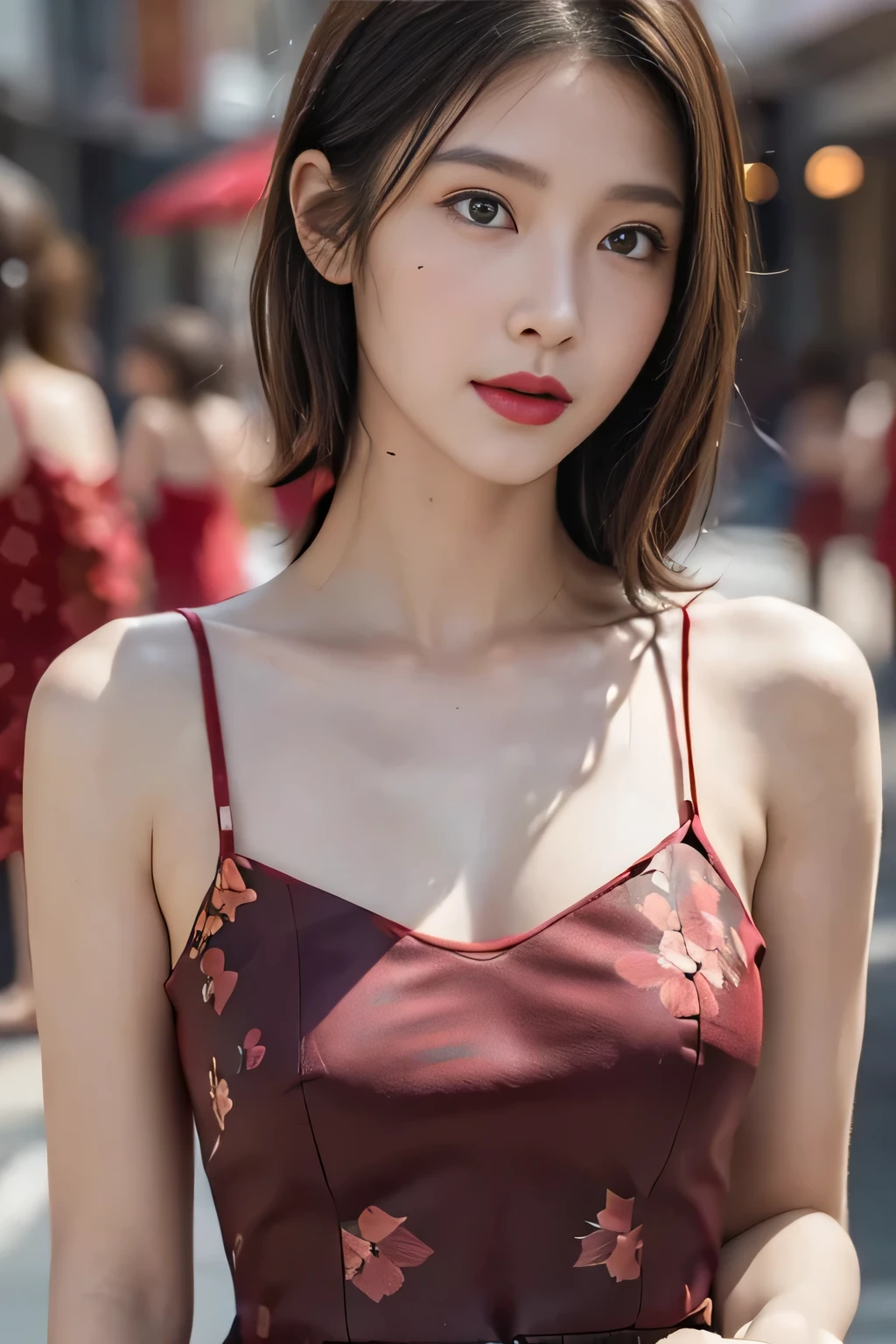 1 Beautiful woman (Single person: 1.4), (Red floral spaghetti strap dress: 1.4), Short brown hair, Red lips, Detailed facial features, Detailed eyes, High quality, 8k, Realistic, Masterpiece, Cinematic lighting, Face shot, Elegant pose, Calm expression, Diamond bracelet,Clear eyes, Front view, Smooth and white skin, Detailed skin, Detailed eyes and face (Big breasts: 0.8, Big cleavage: 0.8), No underwear: 1.5 , ((Street art background))