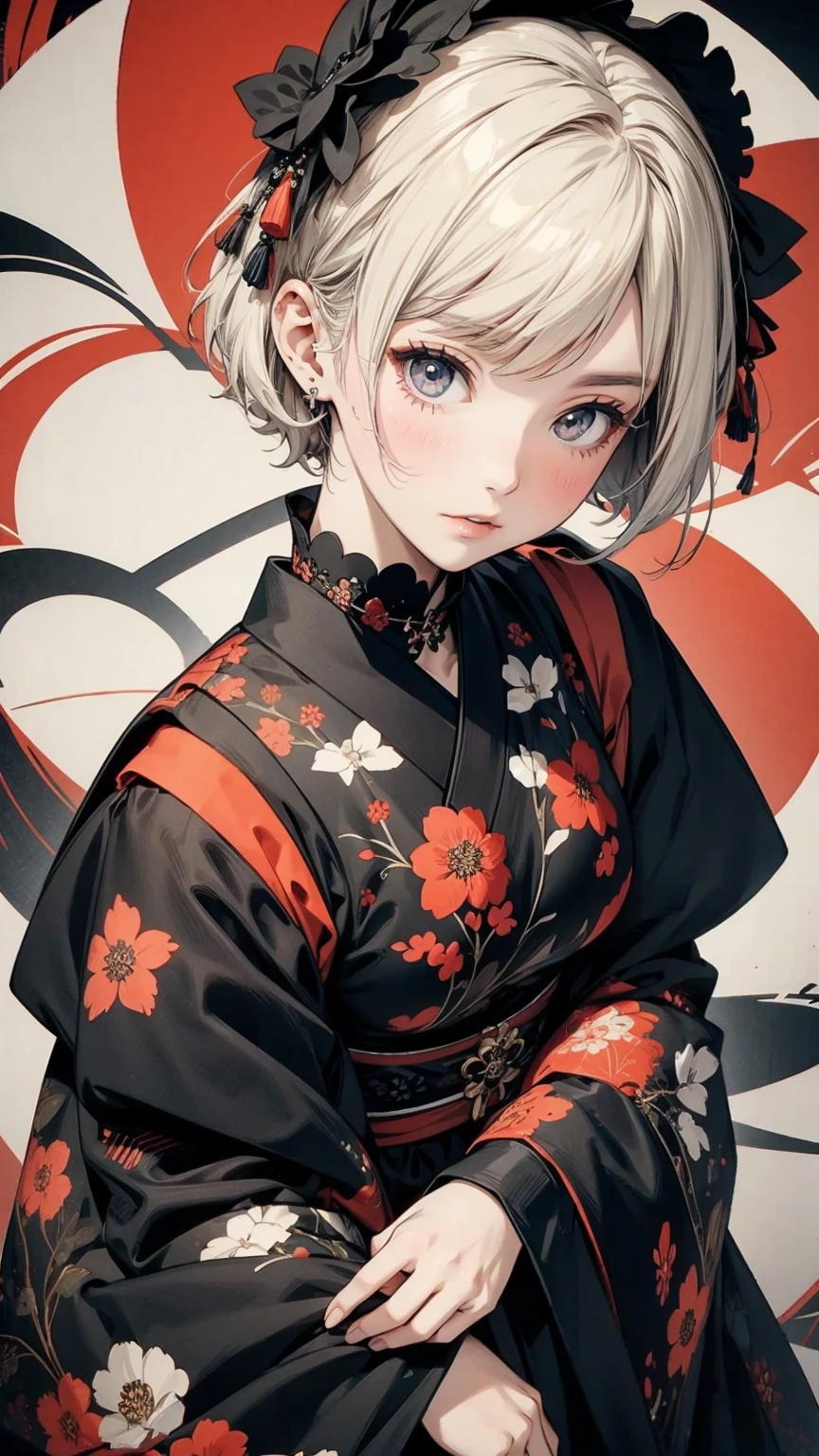 Top view, Woman with asymmetrical short hair, Japanese-style Gothic Lolita fashion, Abstract Japanese pattern background, warm color, mixed-media approach, Anime Style, Simple lines, Digital Painting, (masterpiece, High resolution, Highest quality)