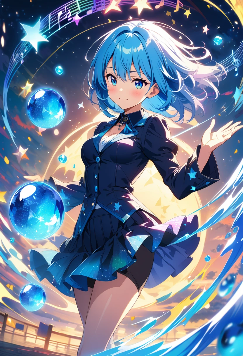 Anime style, ultra-detailed, 8K CG, blue-haired girl, smile, blue world, mysterious blue objects floating, star, musical note, rainbow