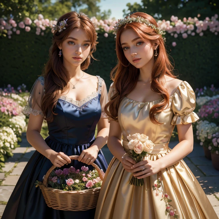 (masterpiece, best quality:1.5), highest quality, High resolution, super detailed, Realists, Upper body photo of a red-haired flower girl, detailed and beautiful eyes, beautiful detailed lips, very detailed eyes and face, longeyelashes, Young girl in a short dress made of shiny satin fabric, Beautiful and colorful makeup, elegant and noble々Pose,shiny satin headband, grind, Holding flowers, Gardens as background, soft daylight, bright colors, fine brushstrokes, Portrait style, Noble details in the dress fabric, beautiful color palette, glowing skin, First-class rendering, that captures every detail, enchanting atmosphere, subtle shadows and lights, (perfect anatomy:1.2), (The two stunning flower girls carry baskets of rose petals. (magnificent panorama view:1.2)