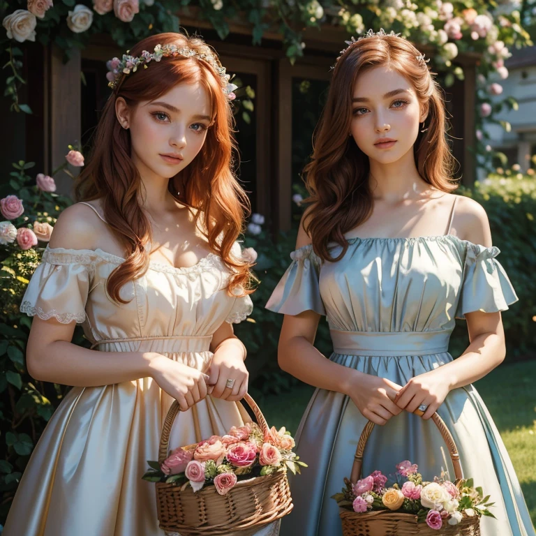 (​masterpiece, best quality:1.5), highest quality, High resolution, super detailed, Realists, Upper body photo of a red-haired flower girl, detailed and beautiful eyes, beautiful detailed lips, very detailed eyes and face, longeyelashes, Young girl in a short dress made of shiny satin fabric, Beautiful and colorful makeup, elegant and noble々Pose,shiny satin headband, grind, Holding flowers, Gardens as background, soft daylight, bright colors, fine brushstrokes, Portrait style, Noble details in the dress fabric, beautiful color palette, glowing skin, First-class rendering, that captures every detail, enchanting atmosphere, subtle shadows and lights, (perfect anatomy:1.2), (The two stunning flower girls carry baskets of rose petals. (magnificent panorama view:1.2)