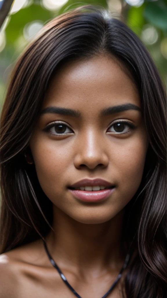 (portraite, editorial photography of a beautiful asian girl:1.1, ((12 year old:1.1))), adorable face, long and curly brown hair, hazel eyes, por Lee Jeffries, Nikon D850, film stock photography ,4 Kodak Portra 400 ,f1 camera.6 lenses ,rich colors ,hyperrealisti ,realistic texture, dramatic lighting, (high-detailed face:1.4), perfects eyes, realistic iris, perfekt teeth, (ssmile:0.7), (darkness background, shadow of the leaves, temperamental, neckleace), Sun rising, morning light, Wishing for something, work of art, best qualityer, photorrealistic, Citizen of Guinea-Bissau, very cute supermodel, Perfect Anatomia, skinny