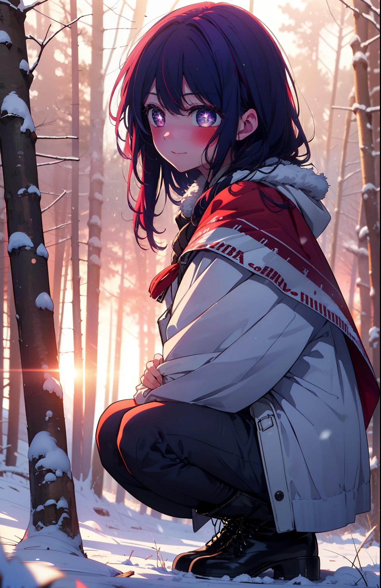 aihoshino, Ai Hoshino, Long Hair, bangs, (Purple eyes:1.1), Purple Hair, (Symbol-shaped pupil:1.5), smile,,smile,blush,white breath,
Open your mouth,snow,Ground bonfire, Outdoor, boots, snowing, From the side, wood, suitcase, Cape, Blurred, , forest, White handbag, nature,  Squat, Mouth closed, Cape, winter, Written boundary depth, Black shoes, red Cape break looking at viewer, Upper Body, whole body, break Outdoor, forest, nature, break (masterpiece:1.2), Highest quality, High resolution, unity 8k wallpaper, (shape:0.8), (Beautiful and beautiful eyes:1.6), Highly detailed face, Perfect lighting, Highly detailed CG, (Perfect hands, Perfect Anatomy),