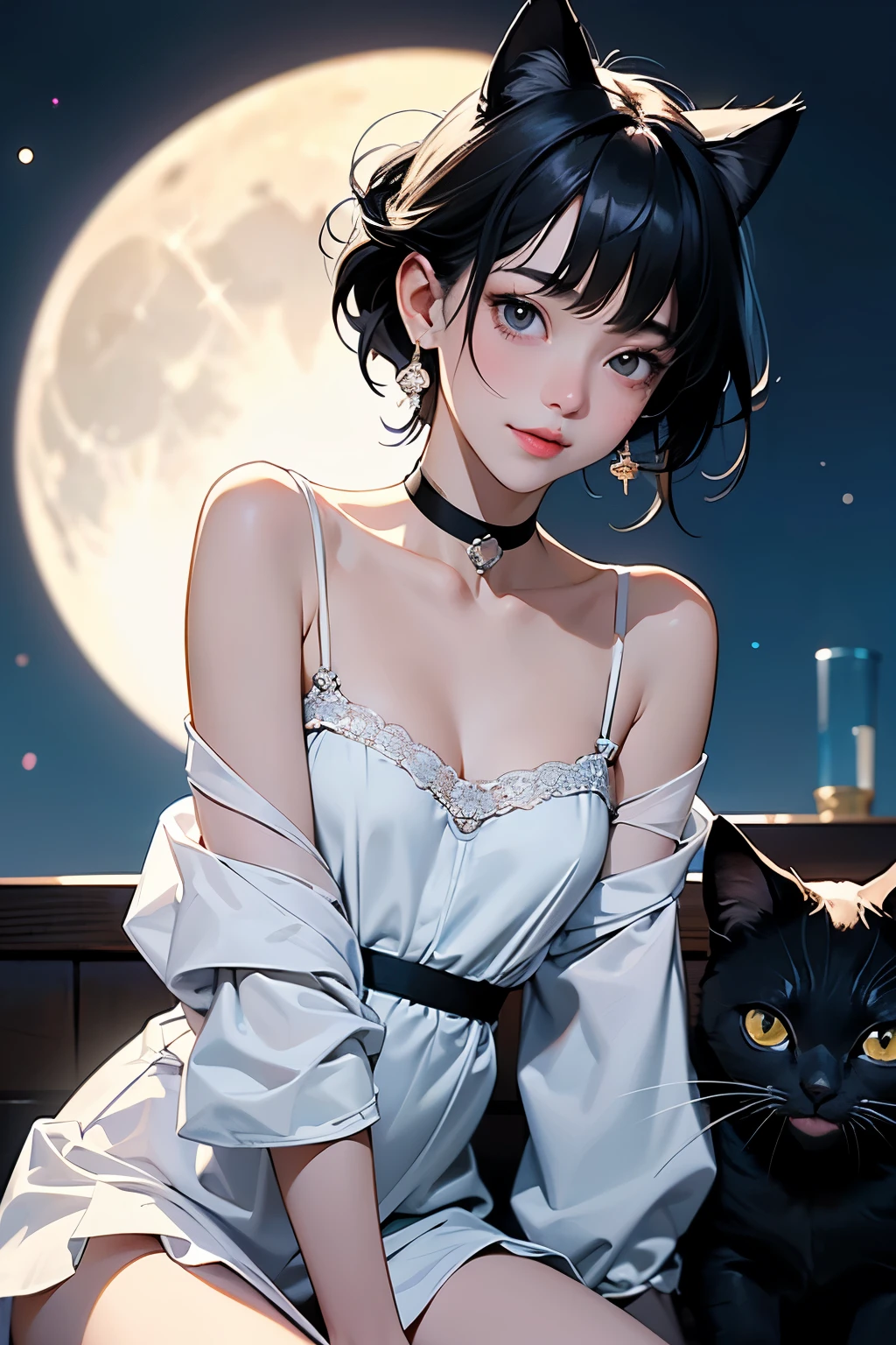 (Highest quality, masterpiece, High resolution)、4K Anime Art、(Two Girls)、whole body、(Kissing each other)、 (Detailed depiction of a cute face)、Black Hair、short hair、semi-long、Bobcut、Hair Bun、hair ornaments、(Cat ear)、Black Cat Costume、White Cat Costume、choker、(lingerie)、Off the shoulder、sexy mini dress、Captivating smile、Small breasts、Soft Focus、Cinematic Light、Soft Light、(indoor、dim、lamp)、(Full moon in the night sky:1.2)、