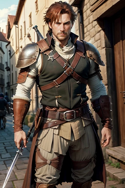 40 year old man with short spiky reddish brown hair, messy fringe hairstyle, medieval hunter clothing, brown eyes holding a sword muscular build, brown leather belt, brown leather belt boots, medieval city background with magic symbols