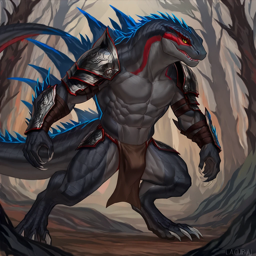 Gray skink lizard warrior,comic book style, illustration, solo, ferocious, male, [[proud pose]],, masterpiece, best art, armor, full body, digitigrade, by laobai, forest background, abs, loincloth, large back red fins, blue tail, lizard, scales on body, gray body, masculine body, godzilla head