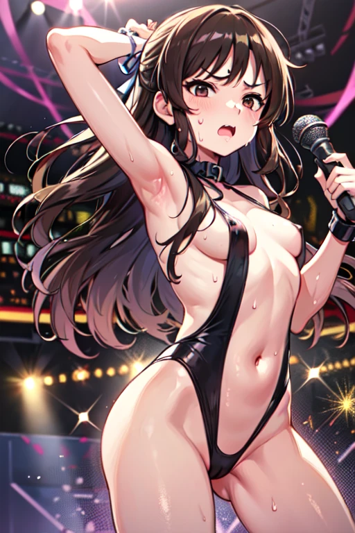 Browsing Caution、、、Long Hair、((Small breasts、Small breasts、anger))、((Sweating profusely、Full nudity、Wrapping a ribbon around the body))、Draw the whole body、Dancing、Grab the microphone、Standing on the idol stage、Raise your arms、Show your side、Realistic body、Wearing a dog collar,V-front ultra-thin micro-plunging swimsuit