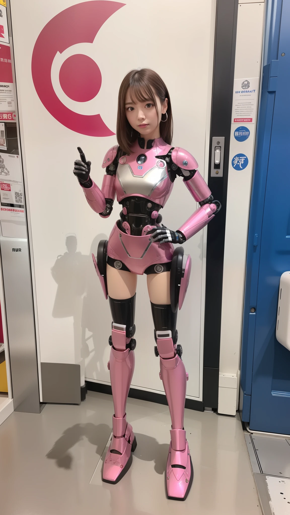 Robot Girl, pink, Silver, Metallic body, Robot Parts, Metal Parts, Super Detailed Face, Super well-formed face, of the highest quality, a small face, a small head, Brown hair, Slender body, Camera gaze, Internal Mechanical Exposure, Idol, front facing, Well-proportioned body, sale, Exhibited, Event Hall, Moe Pose, pink metallic Princess dress machine armor, Standing with legs open, Model body type, sad, Embarrassing,(Perfect Robot Girl),(Perfect machine body)