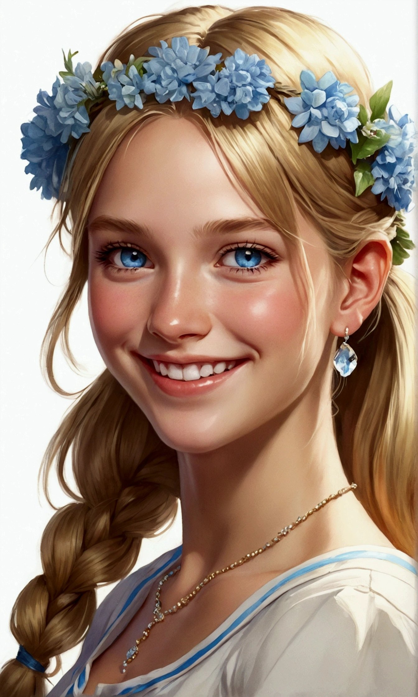 One girl, smile, blue eyes, High-resolution model, ponytail, ponytail, Crystal Earrings, Test model, Wearing a flower crown, Godley, Carl Larsson-style illustrations,