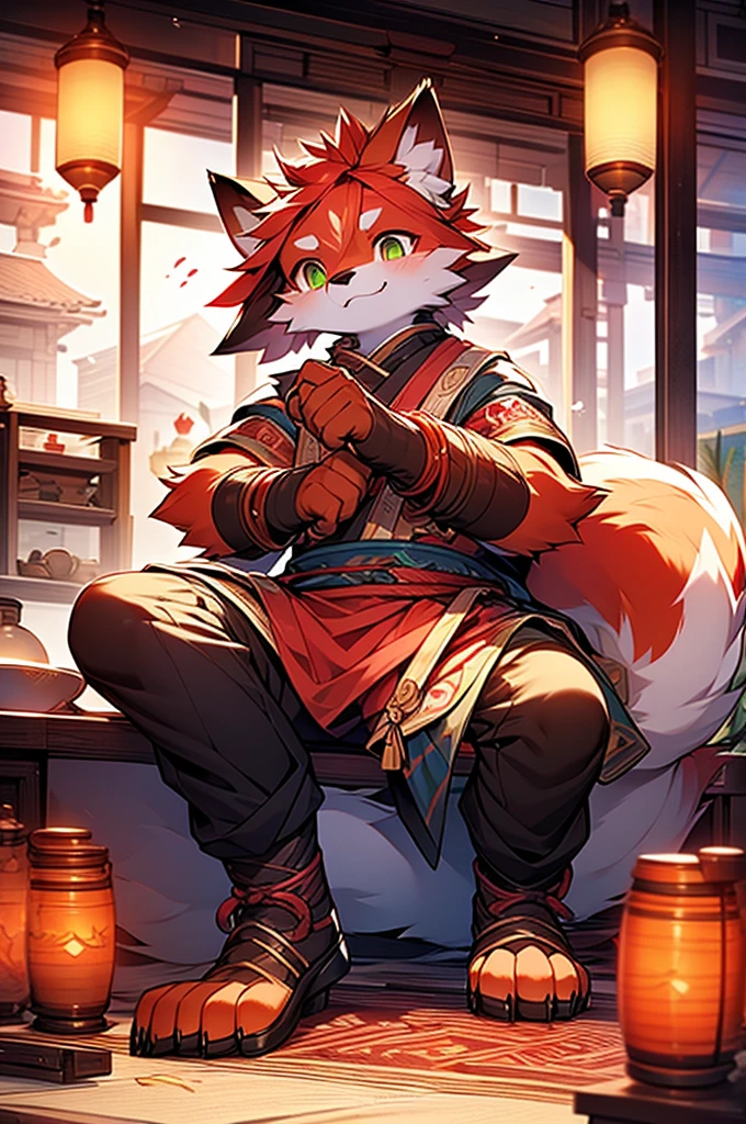 8k, Super Detail, precise, best quality,An 18-year-old fox boy sits on a mat in a teahouse,Green eyes,Flame-shaped pattern on arms,There is a fire spirit mark on the forehead,There are reddish-orange hairs, Rich plush texture, Delicate hair, Animal anthropomorphism, Fluffy fox tail, Fox ears,Wear loose Chinese clothing, Handsome face,Boys,Fine details