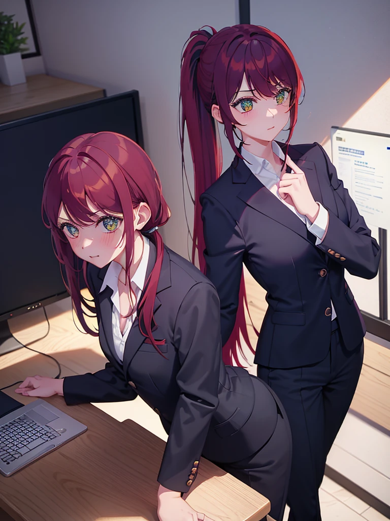 1 Girl, red hair in a ponytail, green eyes, blushing, in a black office suit, medium breasts, with a V-neckline, sexy pose, Leaning on a fine, polished wood desk, in a modern and welcoming office 
