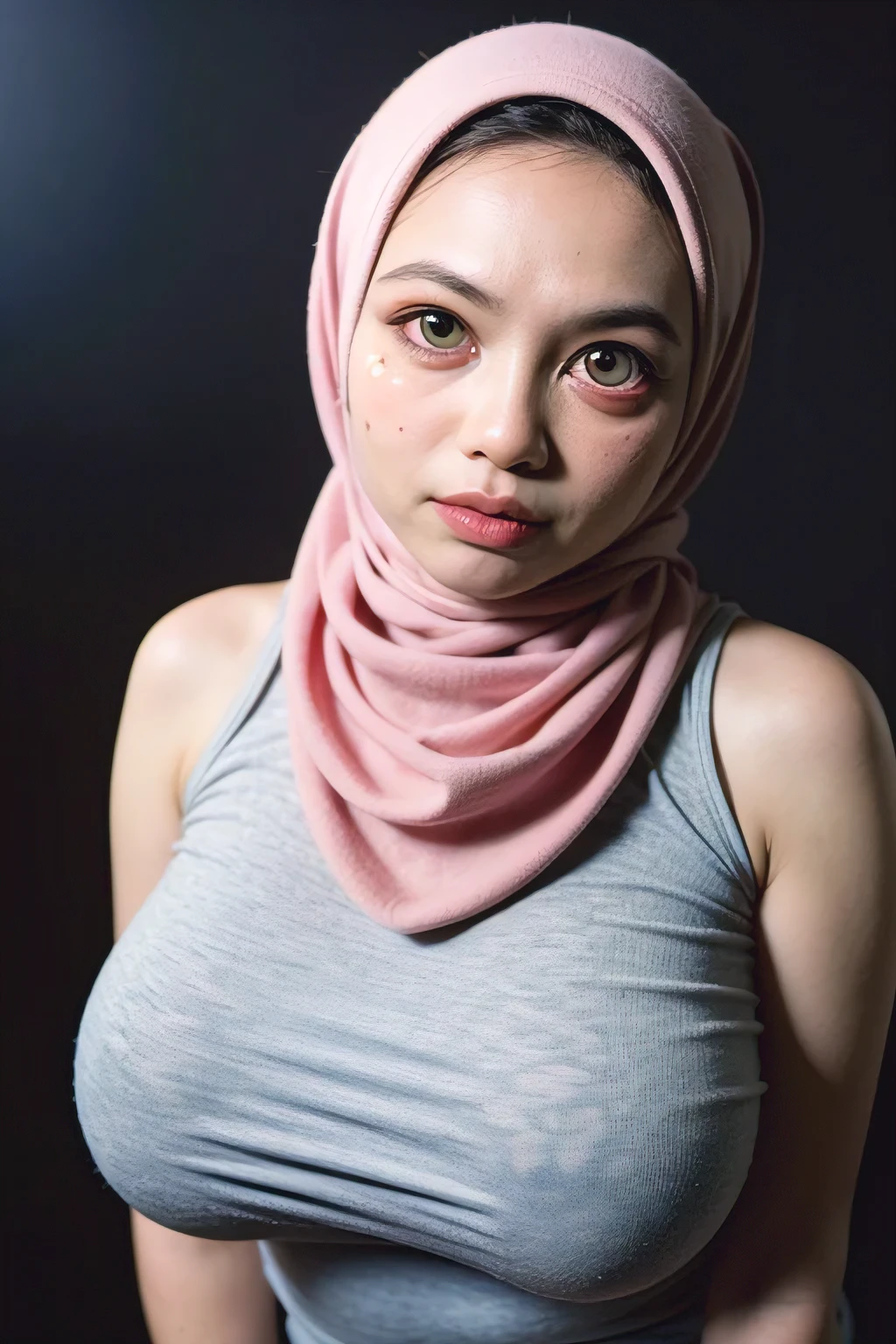 Jumbo (Singlet), Chubby adorable, 1 girl, (face to face), , baby face, angry face expression, half body portrait, (face details: 1), (eye details: 1), ((big breasts)). wearing transparent transparency soft long shirt, hijab, .. Cute posed. proportional body. Ultra High Res. realistic: 1.4, UHD, ((floral pattern)), ((Bigger Eye:1.8)), (((DARK BACKGROUND)))