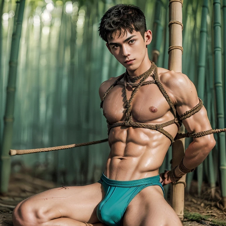  (((19 year old boy, skinny, lean, twink))), (((wearing gym speedos)))  kneeling, ((((Trussed up completely with rope)))), ((((very tight rope crossed over chest)))), (((very tight ropes crossed over   abs))). (((body in tight shibari ropes))) sweating, wet skin, smiling, in a dense bamboo forest, ((leaning against the bamboo)))
