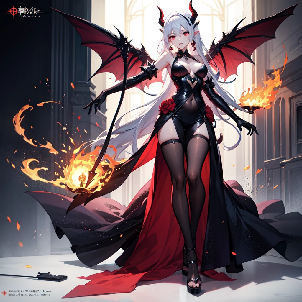 A woman with a demonic body and long white hair, Concept Art:Yang Jay, pixiv Contest Winner, Fantasy art, Devil Anime Girl, Glamorous Supreme Demon Overlord, Demon King, Goddess of Darkness with Six Arms, Fire Demon, デーモンソウルのConcept Art, infernal nymph!!!, Epic anime art, anime Fantasy artwork, Good Hell Art