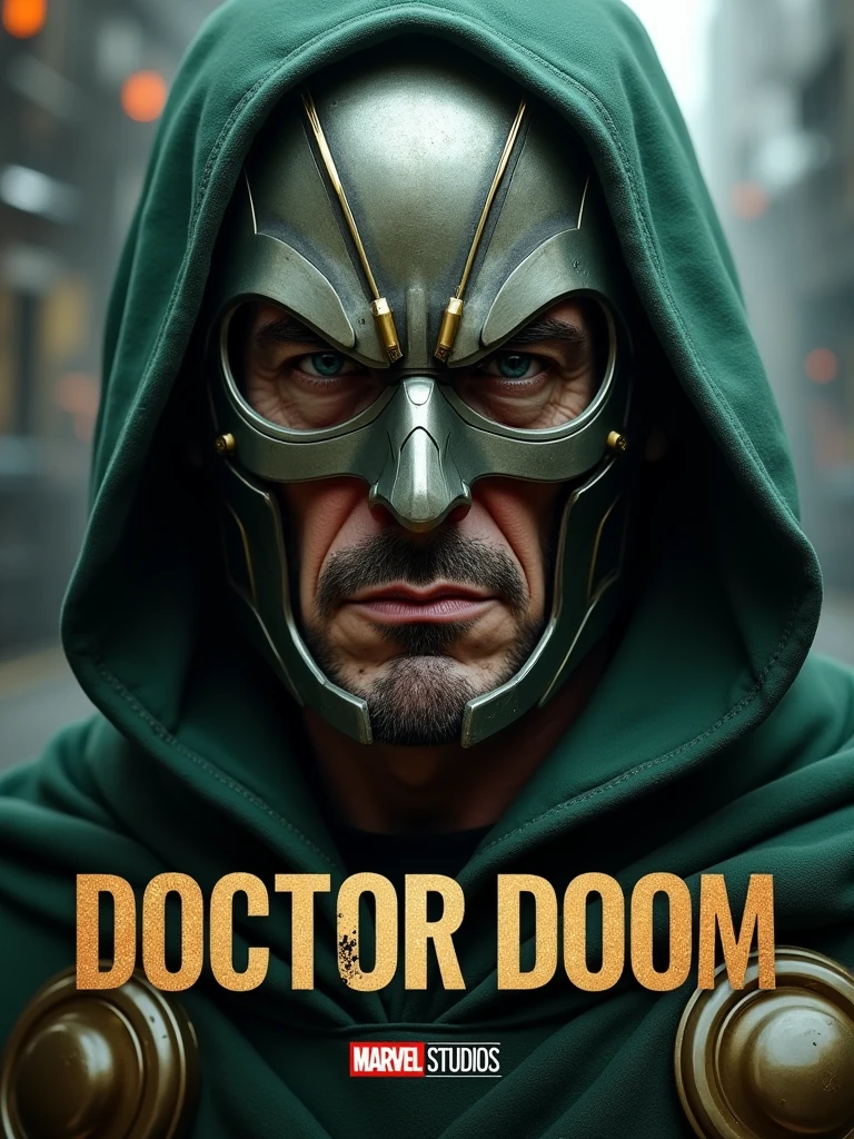 Realistic style Doctor Doom movie poster，Doctor Doom&#39;s face is Robert Downey&#39;s face，The poster says &quot;Doctor Doom&quot;