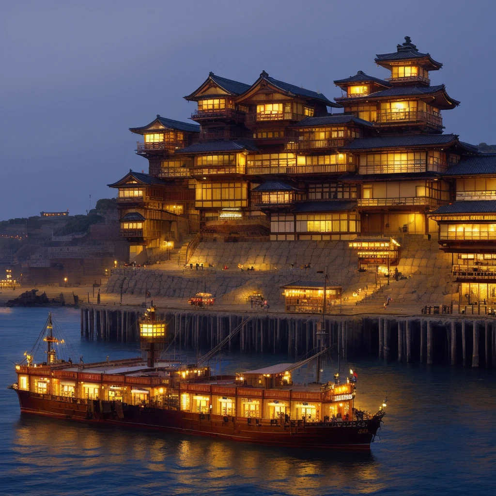 High resolution, Japanese-style streetscape, steep cliff, wooden scaffolding on which Japanese-style buildings are built into the rock face, Japanese-style buildings embedded into the side of the cliff, smoke rising from the chimneys of the frontier, gorgeous, the huge Japanese-style building is a trading post at the port, a large ship in the sea on the right, the decorations of the ship are flashy, many boats in the distant sea, grand, fantasy, realistic, lanterns in the mist, lights coming from the shoji screens, a vibrant ancient city, Japanese-style, many overlapping tile roofs, unstable Japanese-style architecture, unstable terrain, port town, sailing ship



