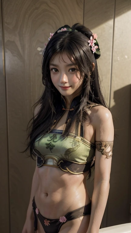 Guan Yinping, Black发, brown eyes, hair accessories, hair flower, Half body, Black, 上Half body,pretty face,Lovely,high school student,Smile,bath,Wash your hair,Wet body,bathroom,Flushing,Wear underwear