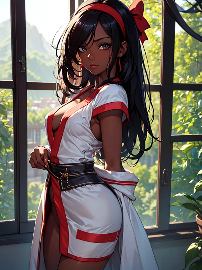 (​masterpiece, top-quality, hight resolution, Unity 8k, extremely details CG:1,Best Picture), Seductive women. Lascivious poses and facial expressions. Emphasis on sexual attractiveness, nsfw, ((dark skin, puriple ribbon)), solo, 1girl, (small breasts, hair band, black  hair)