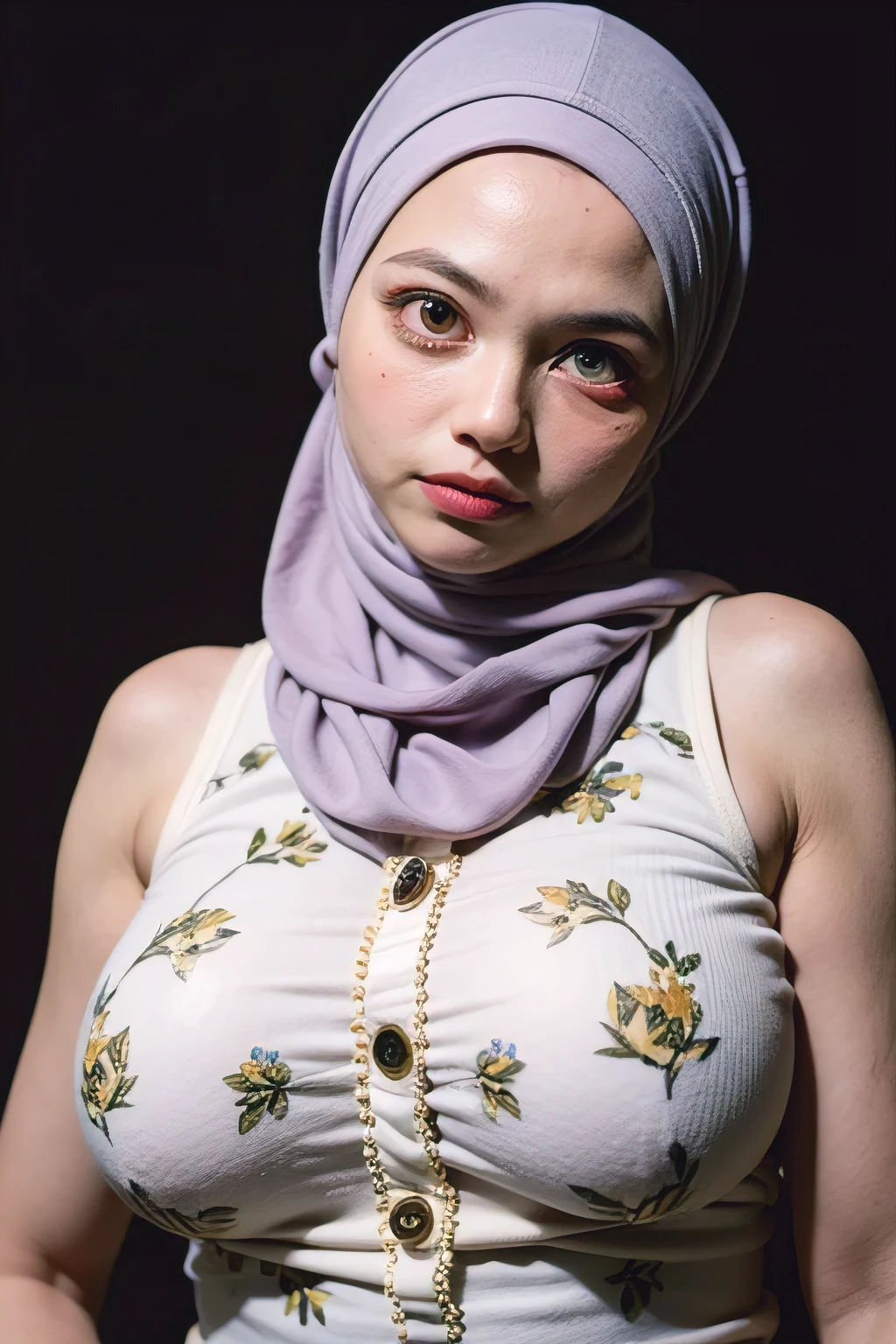 Jumbo (Singlet), Chubby adorable, 1 girl, (face to face), , baby face, angry face expression, half body portrait, (face details: 1), (eye details: 1), ((big breasts)). wearing transparent transparency soft long shirt, hijab, .. Cute posed. proportional body. Ultra High Res. realistic: 1.4, UHD, ((floral pattern)), ((Bigger Eye:1.8)), (((DARK BACKGROUND)))