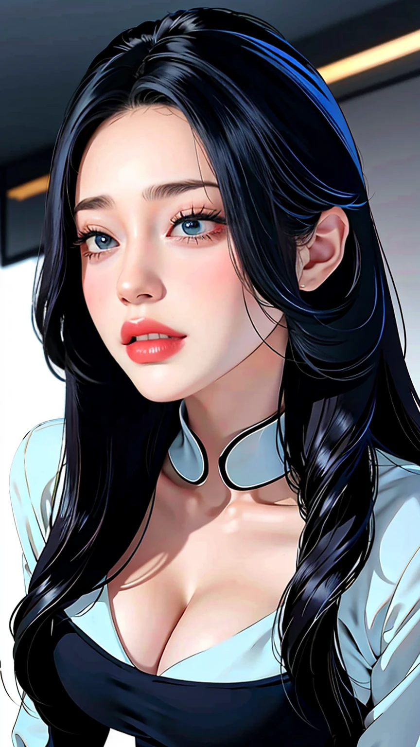 Beautiful woman with perfect figure:1.4,Layered Hairstyles,Protruding cleavage,Transparent uniform:1.5,Highly detailed face and skin texture,double eyelid,Whitening the skin,collar