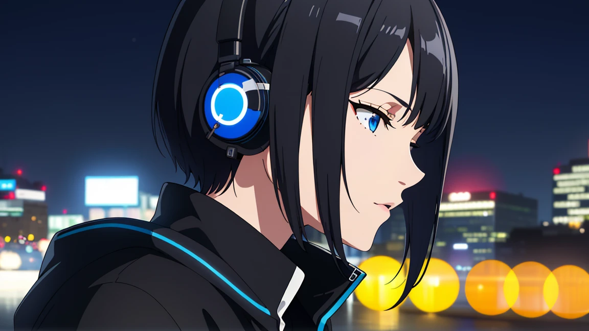(Highest quality:1.5, High resolution, 超High resolution, 4K, Detailed lighting, Shaders), Black Hair, Bobcut,Shortcuts , Cool woman, Cool girl, Sharp eyes, blue eyes, beautiful, Outdoor Background, Casual clothing, (throw, Close-up shot), With headphones、Night in the city