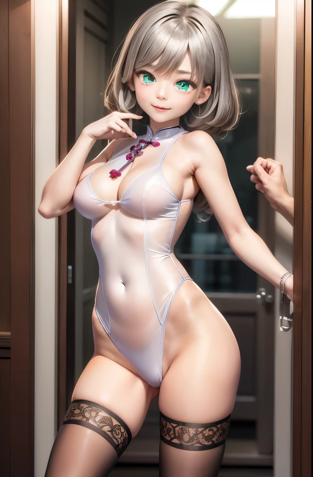 masterpiece,best quality,Official Art, Extremely detailed CG unity 8k wallpaper,absurd,8K resolution,Wake up too,Moles under the eyes,Colored contact lenses,Cat Mouth,Awkward,Long hair,Silver Hair,hair behind ear,Ribbon trim,(cheongsam:1.4),(Transparent clothes:1.2),Lace tights,Socks drape,Ice crystal texture,Looking in the mirror,Skirt lift,In winter,snowflake,Tanabata,Movie Lighting
