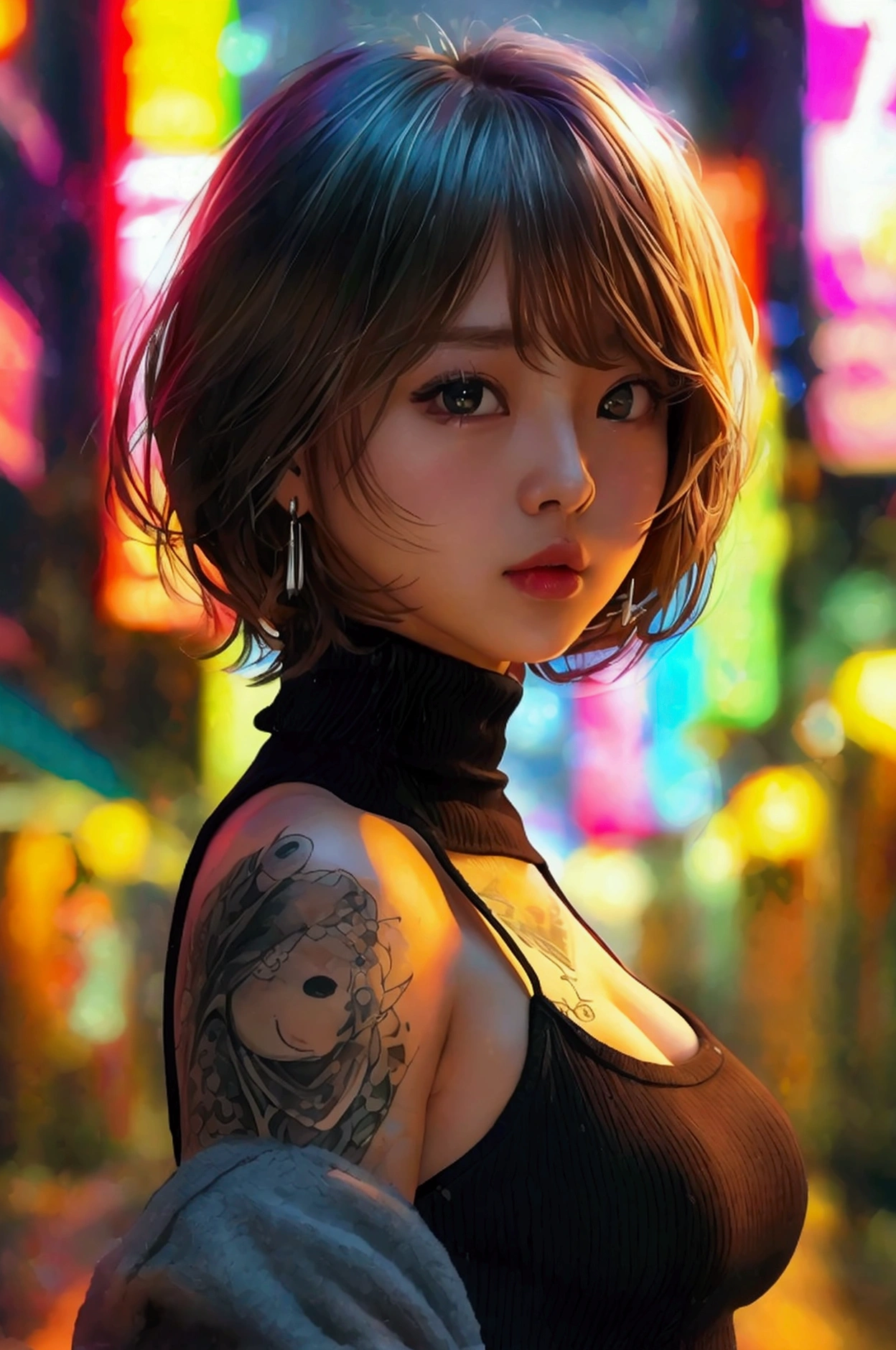 She looks just like Tanaka Reina、She is a pretty actress、sexy、Light Brown Hair、Laughing with mouth open、Has many piercings、25 talents、Slightly droopy eyes、Cute bangs、Turtleneck sweater with sleeveless、Short Hair Woman, Anime drawings inspired by Fumie Kojima, tumbler, realism, Korean Girls, Short Hair, Real life anime girls, Wearing a turtleneck, pretty girl, beautiful Asian Girl, Perfect android girl, 🤤 Portrait of a Girl, Gorgeous Young Korean Woman, Asian Girl, She has a pretty face、Silver Eyes、Lots of tattoos、Milk tasting、Silver Hair、Walking through the neon city at night
