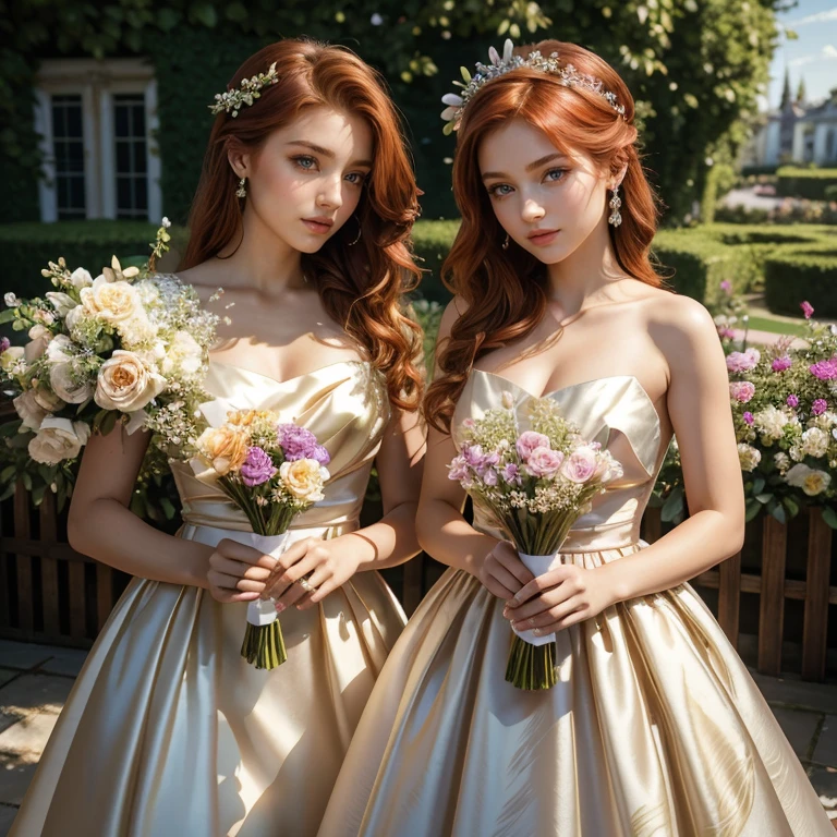 (​masterpiece, best quality:1.5), highest quality, High resolution, super detailed, Realists, Upper body photo of a red-haired flower girl, detailed and beautiful eyes, beautiful detailed lips, very detailed eyes and face, longeyelashes, Young girl in a short dress made of shiny satin fabric, Beautiful and colorful makeup, elegant and noble々Pose,shiny satin headband, grind, Holding flowers, Gardens as background, soft daylight, bright colors, fine brushstrokes, Portrait style, Noble details in the dress fabric, beautiful color palette, glowing skin, First-class rendering, that captures every detail, enchanting atmosphere, subtle shadows and lights, (perfect anatomy:1.2), (The two stunning flower girls carry pillows with wedding rings on them. (magnificent panorama view:1.2)