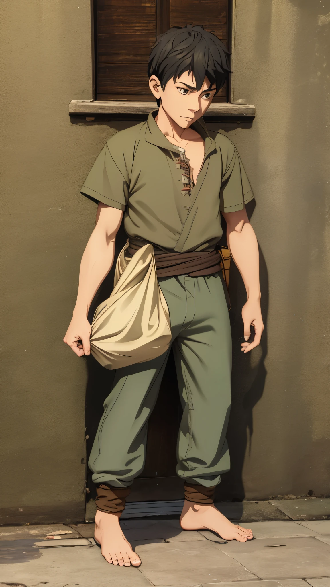 High Resolution, Masterpiece, Accurate, Anatomically Correct, Best Quality, Award Winning, HD, fantasy, young boy, pick pocket,street urchin, character art, medieval, homeless, barefoot, poor