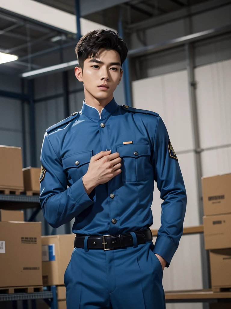1 Handsome chinese slim guy, 20 years old, Hair combed smoothly, handsome blue soldier,Wearing a blue camouflage shirt,wearing blue military uniform, rugged blue soldier, Wear blue pattern camouflage clothing, majestic,Who is Shi Yu?, Li Yuanbin, Kim Hyung Tae, Kim Hyung Tae, Yin Shishan, Handsome Chinese muscular guy,Broad shoulders and narrow waist,A handsome man wearing a blue camouflage military uniform and a belt,Form-fitting fabric contours the bust,in a remote warehouse,hands tied behind back,Hands tied behind the back,hands tied behind back,Masculine and sexy,High,Muscles look good,hairy body,Wheat complexion,black eyes(thin eyes 1:3),whole body image