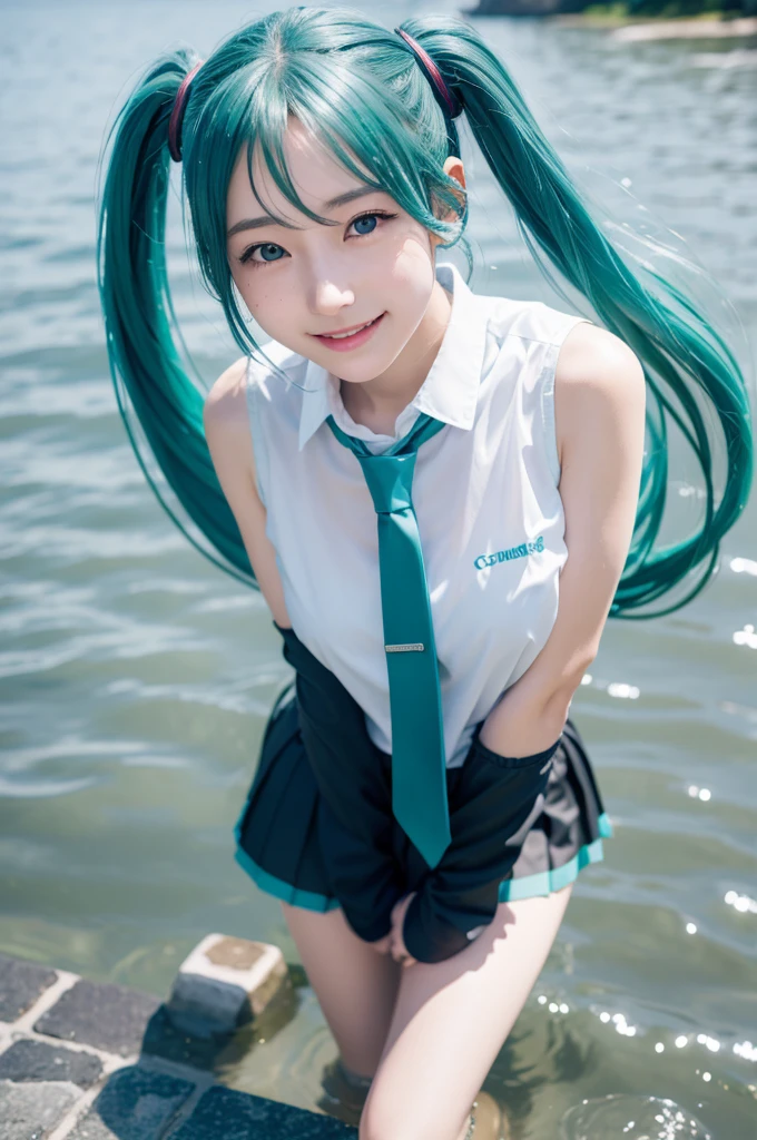 (beautiful japanese girl), (Highest quality,128k, masterpiece:1.55, photorealistic, hyperrealistic), 128k wallpaper,
BREAK (Shot with Canon EOS 5D Mark 4 and Canon EF Lens 85mm F1.2L lens, F value 1.2, ISO 50, shutter speed 64),
(beautifull, detailed face, detailed eyes),
1girl, mikudef, miku hatsune, hatsune miku, vocaloid3, open mouth, smile, from above, looking up, outdoors, standing, wading,
reflection, water, reflective water, sky, blue sky, sunlight,
outstretched arms, spread arms, wet, wet clothes, wet shirt, wet hair, wet skirt, shiny skin, sexually suggestive,