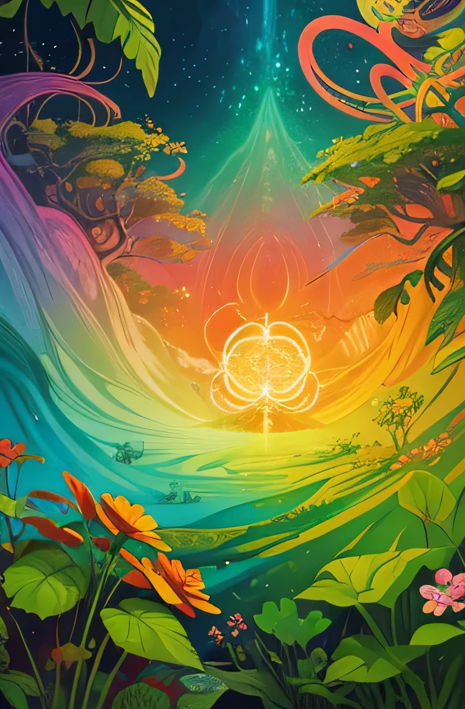 symmetrical illustration of plants and flowers originating from the center, detailed, colorful, fantasy art, vibrant colors, dynamic composition, surreal, magical realism, ethereal, mystical, visionary, (best quality,8k,highres,masterpiece:1.2),lush foliage, whimsical flora, swirling energy, intricate details, dreamlike, radiant lighting, jewel-toned palette
